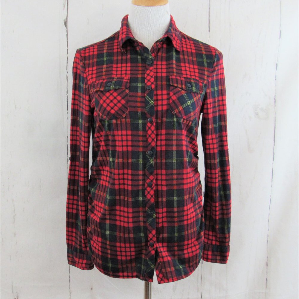 Anthropologie Eden & Olivia Button Up Plaid Maternity Top Ruched Sides
